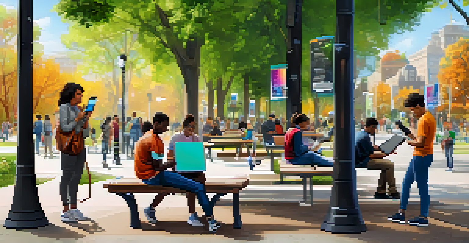 An urban park with a public Wi-Fi hotspot where diverse individuals use devices, colorful banners promoting digital literacy, and a digital literacy station.