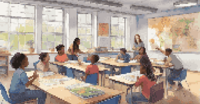 A bright classroom where diverse students are collaboratively engaged in inquiry-based learning with a teacher guiding them.