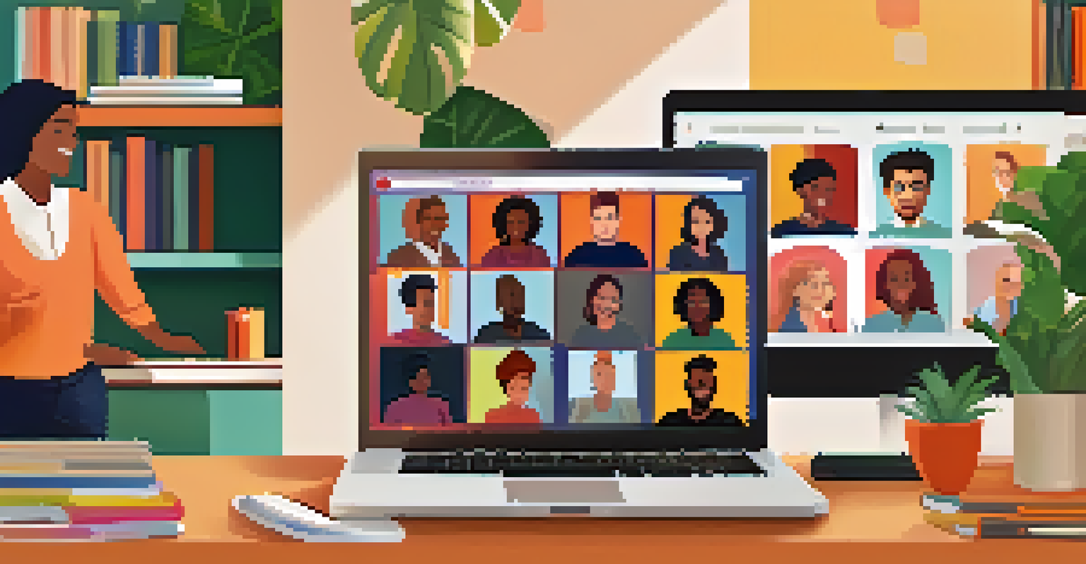 A laptop screen displaying a virtual peer support meeting with smiling participants, set in a cozy home office.