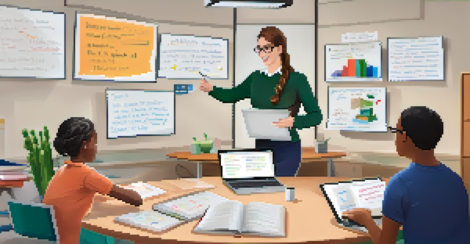 A teacher in front of a monitor with students on a video call, and a whiteboard with lesson notes in the background.