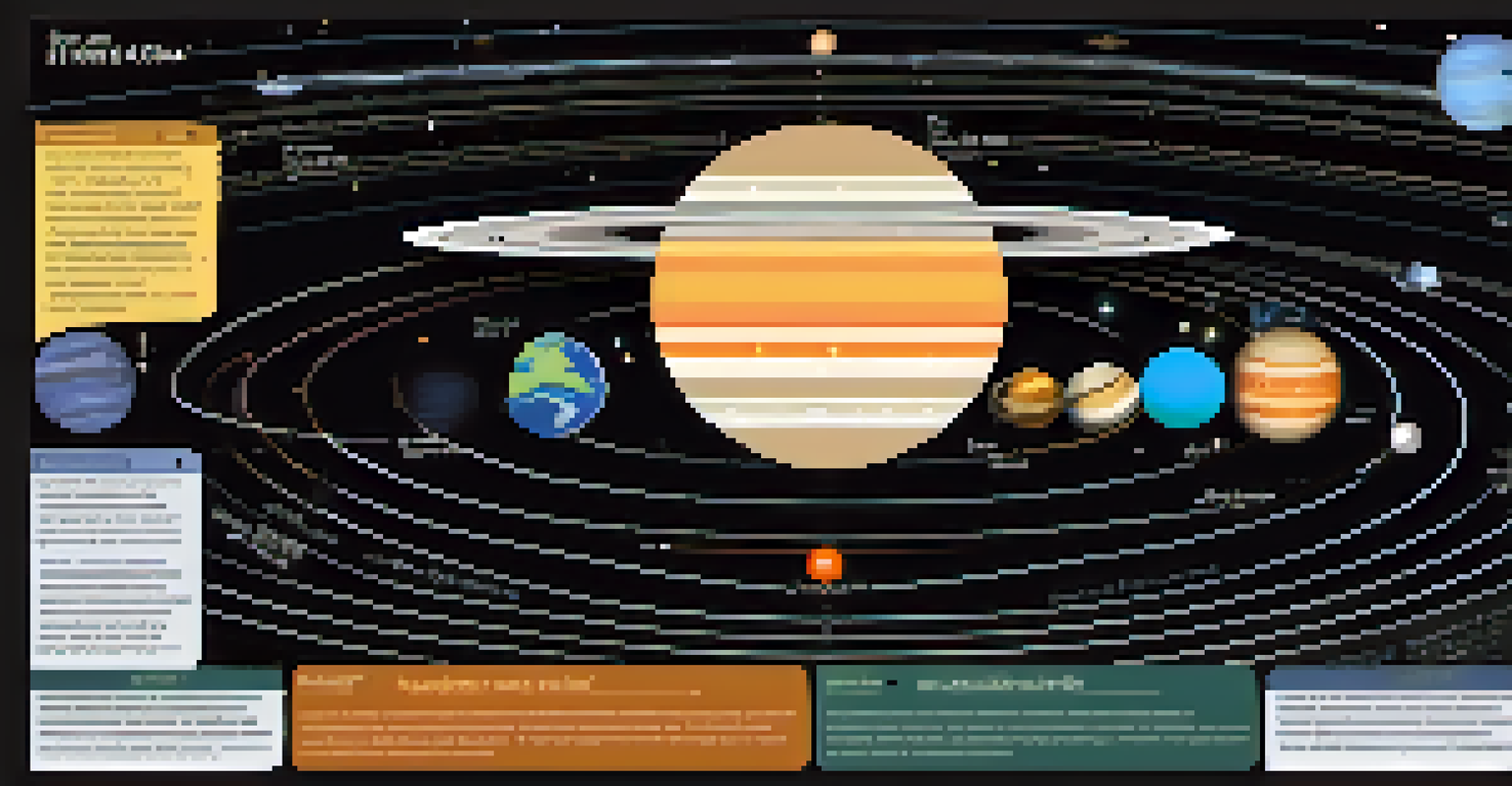 A detailed infographic of the solar system with realistic representations of planets and clearly labeled descriptions, set against a starry background.