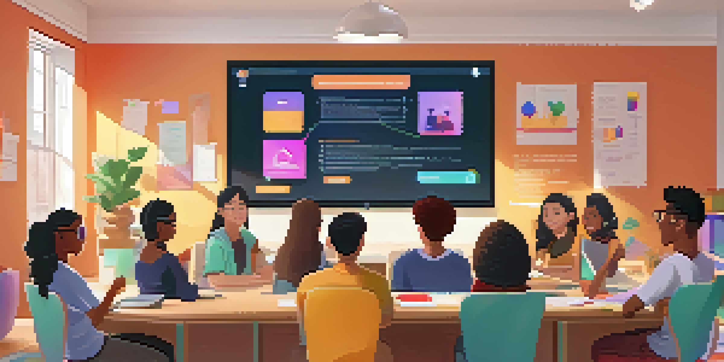 A virtual classroom with diverse students participating in online learning, showing interactive content on a screen and smiling faces on video calls.
