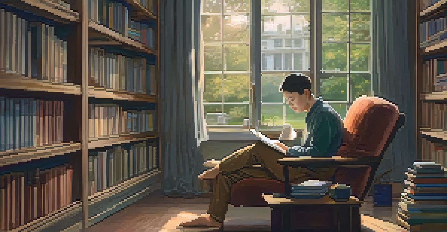 A person in a cozy armchair reflecting on their learning with a notebook and tea, surrounded by books and a garden view.