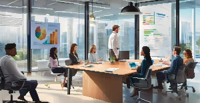 A diverse group of professionals in a bright office discussing data privacy laws around a conference table with infographics on the walls.