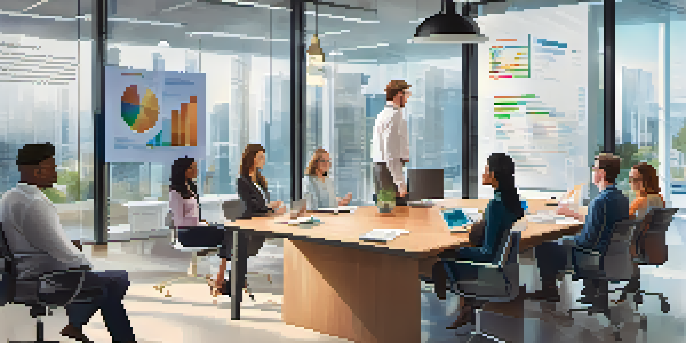 A diverse group of professionals in a bright office discussing data privacy laws around a conference table with infographics on the walls.