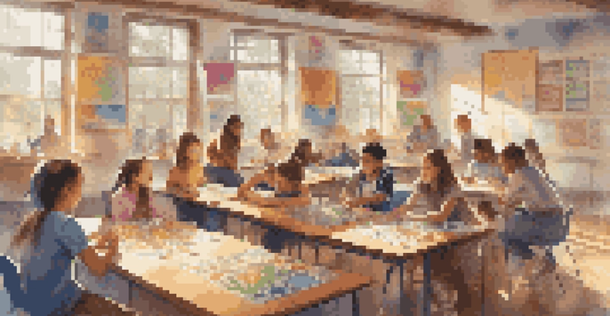 A classroom with students actively participating in game-based learning, playing board games and collaborating together.