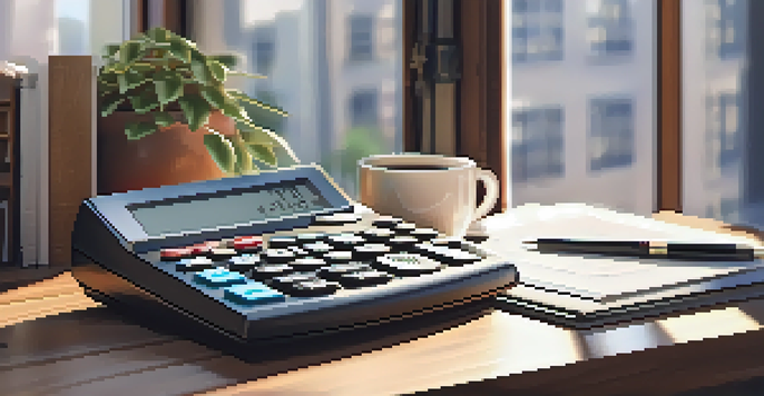 A financial calculator on a wooden desk with documents and a cup of coffee, illuminated by sunlight.