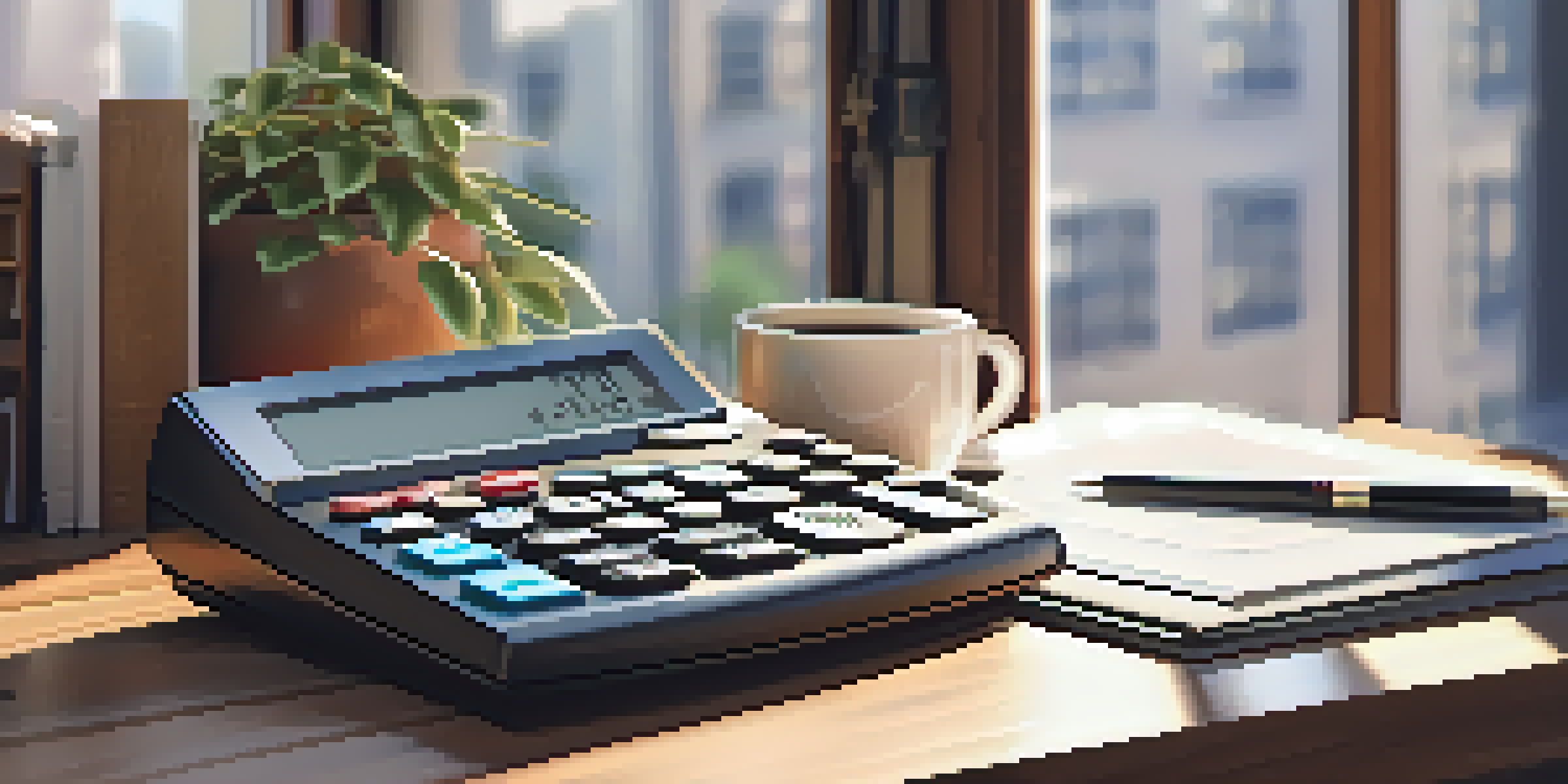 A financial calculator on a wooden desk with documents and a cup of coffee, illuminated by sunlight.