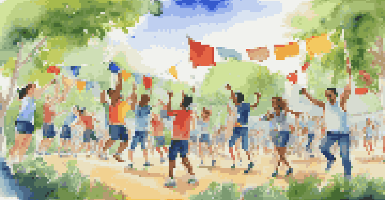 Students participating in a team-building activity outdoors, surrounded by greenery, with flags and scoreboards, displaying teamwork and enthusiasm.