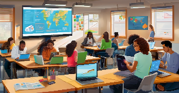 A vibrant online classroom where diverse students are using technology and collaborating on learning materials.