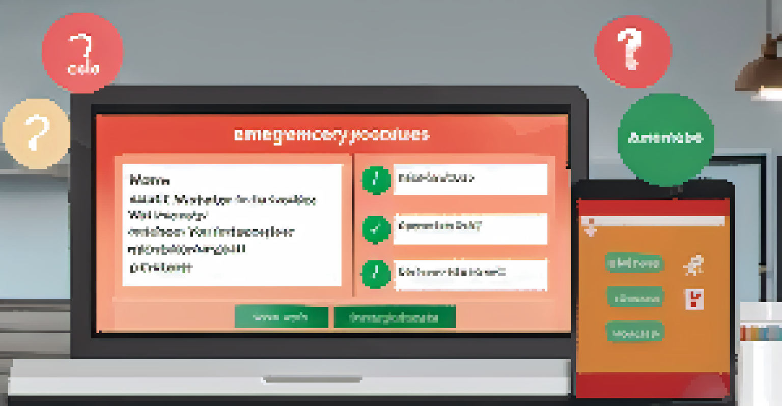 A mobile device in a cozy workspace showing an interactive microlearning app about emergency procedures with a quiz on the screen.