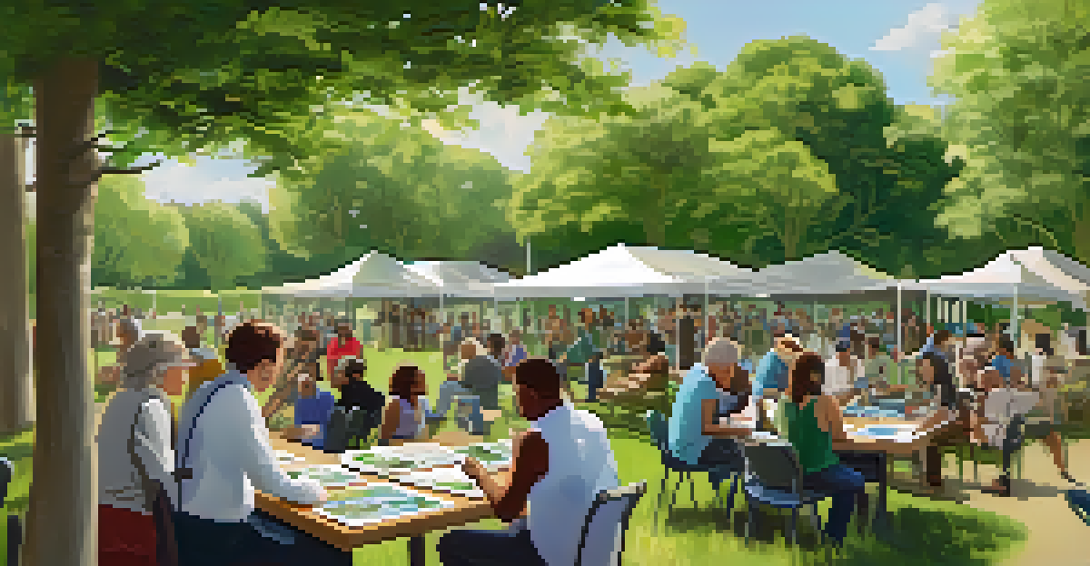 A community workshop in a park focused on sustainable practices, featuring engaged residents, informational tables, and a speaker presenting on environmental ethics.