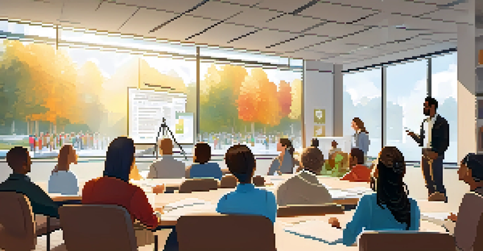 A bright conference room filled with diverse participants attending a professional development workshop, with a facilitator presenting at the front.