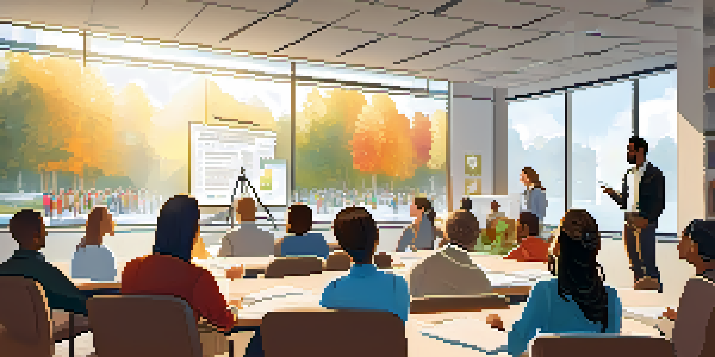 A bright conference room filled with diverse participants attending a professional development workshop, with a facilitator presenting at the front.