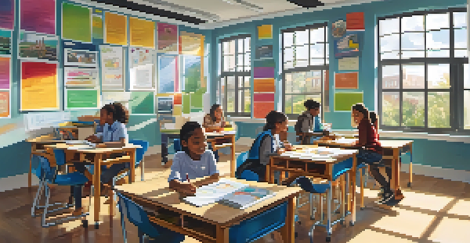 A bright and inviting classroom filled with diverse students working together in groups at movable desks, discussing their project.
