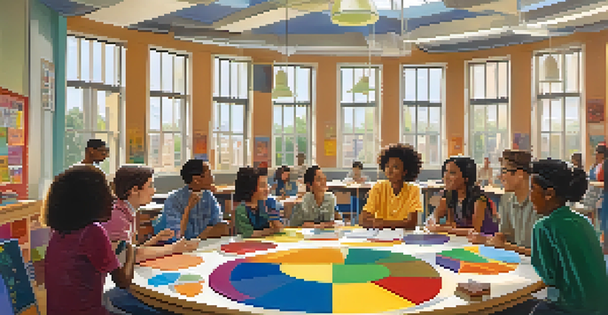 A diverse group of students sitting around a table in a brightly lit classroom, actively discussing and collaborating on a project, surrounded by cultural posters.