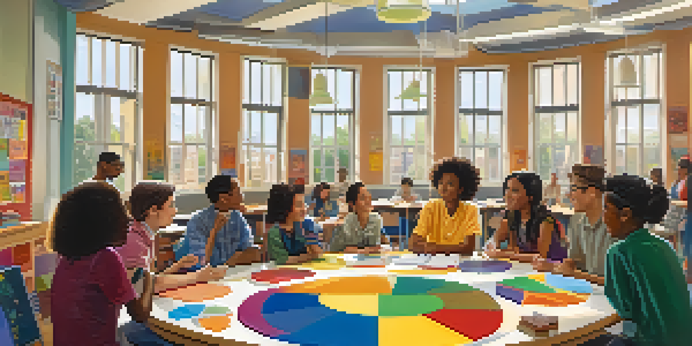 A diverse group of students sitting around a table in a brightly lit classroom, actively discussing and collaborating on a project, surrounded by cultural posters.