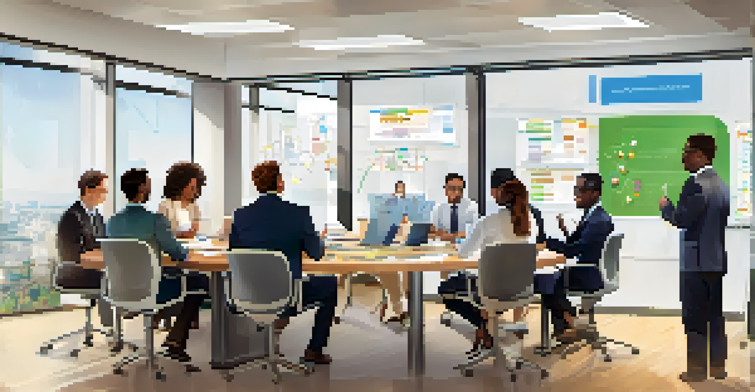 A diverse group of leaders in an office, collaborating and using mobile devices for learning, with charts visible on their screens.
