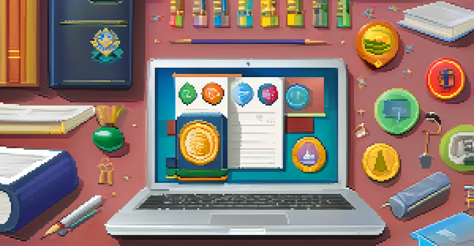 A digital badge representing student achievement in a gamified learning environment, set against classroom materials.