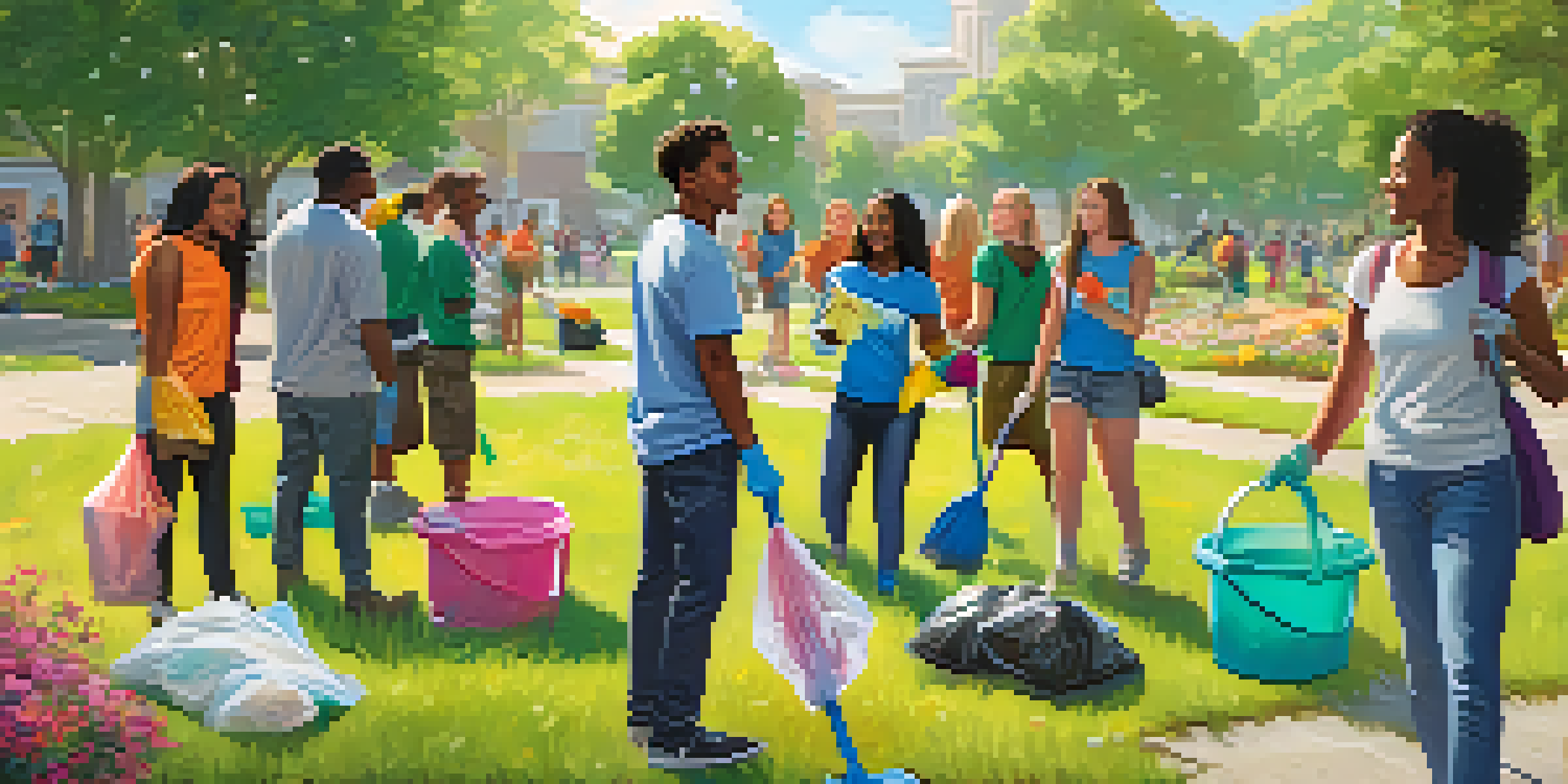 A group of diverse students cleaning up a community park, showcasing teamwork and a sunny outdoor environment.