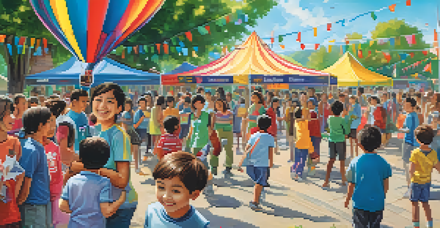 A lively community event celebrating multilingualism with families participating in activities, surrounded by colorful decorations.