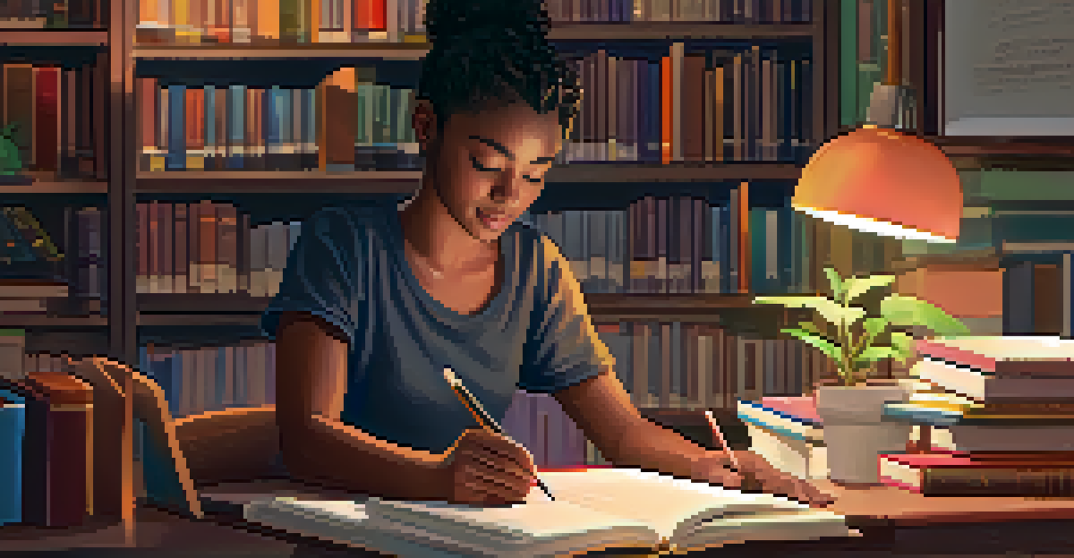 A close-up of a student focused on a tablet in a cozy study space with books and warm lighting.