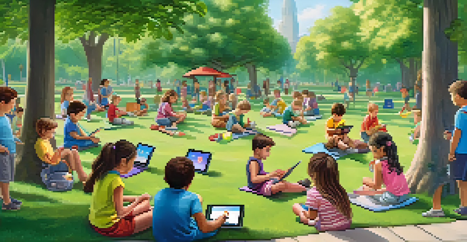 Children in a park engaging in educational games using tablets, surrounded by a lush green landscape and vibrant flowers.
