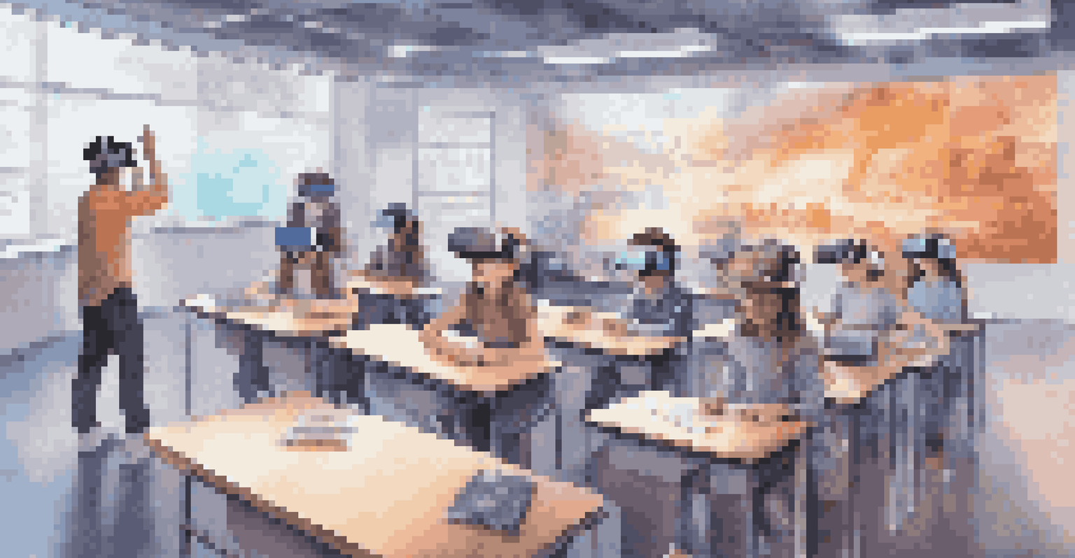 Students in a futuristic classroom wearing virtual reality headsets, engaging in interactive learning experiences powered by AI.