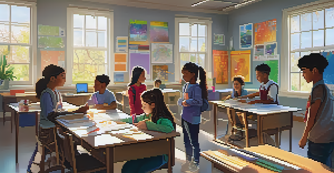 A colorful classroom where diverse students are collaborating on a creative science project, with sunlight illuminating the space.