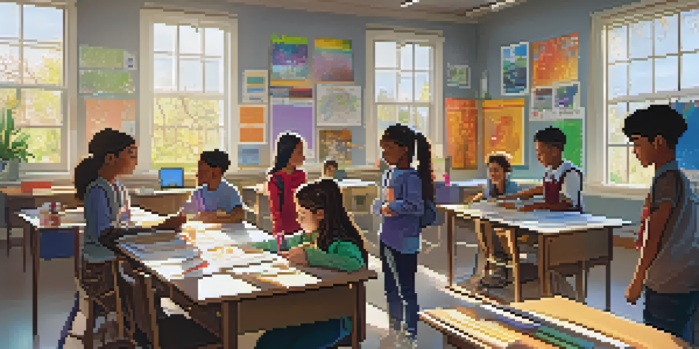 A colorful classroom where diverse students are collaborating on a creative science project, with sunlight illuminating the space.