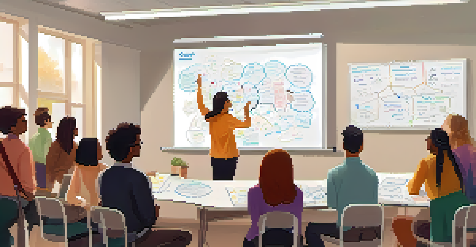 An educator guiding students in a collaborative learning session, surrounded by diverse students engaging in discussion, with a whiteboard filled with notes.