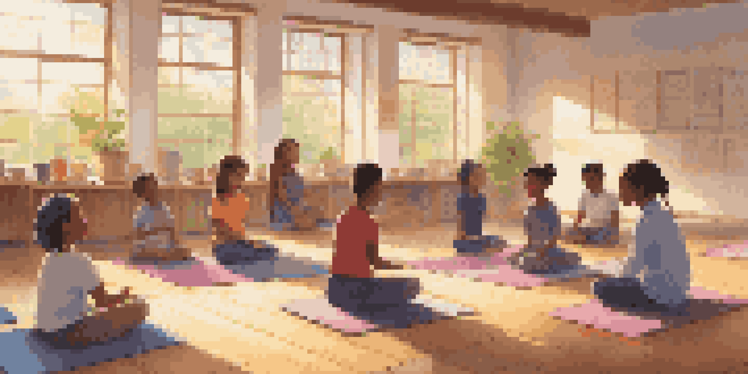 A diverse group of students participating in a mindfulness exercise in a bright classroom with a teacher guiding them.