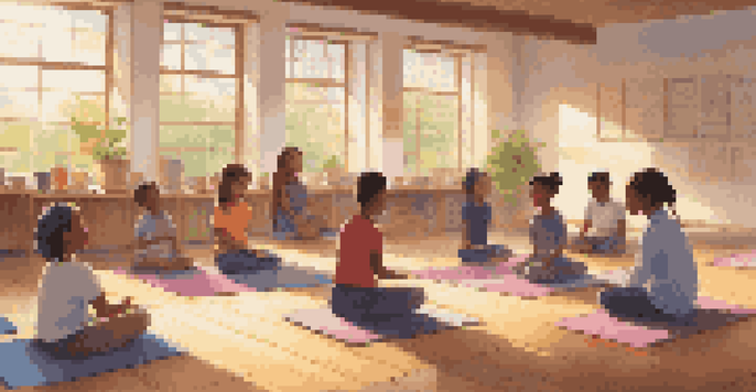 A diverse group of students participating in a mindfulness exercise in a bright classroom with a teacher guiding them.