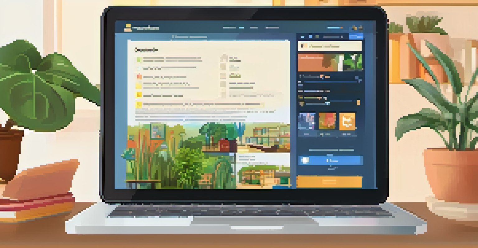 A laptop screen displaying an online learning platform with a colorful course catalog, set in a cozy study environment.