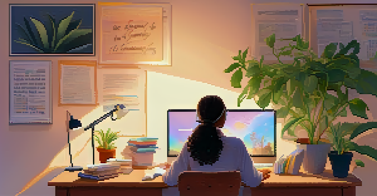 A cozy virtual study space with a person at a desk using a laptop, surrounded by books and plants, emphasizing support and motivation.