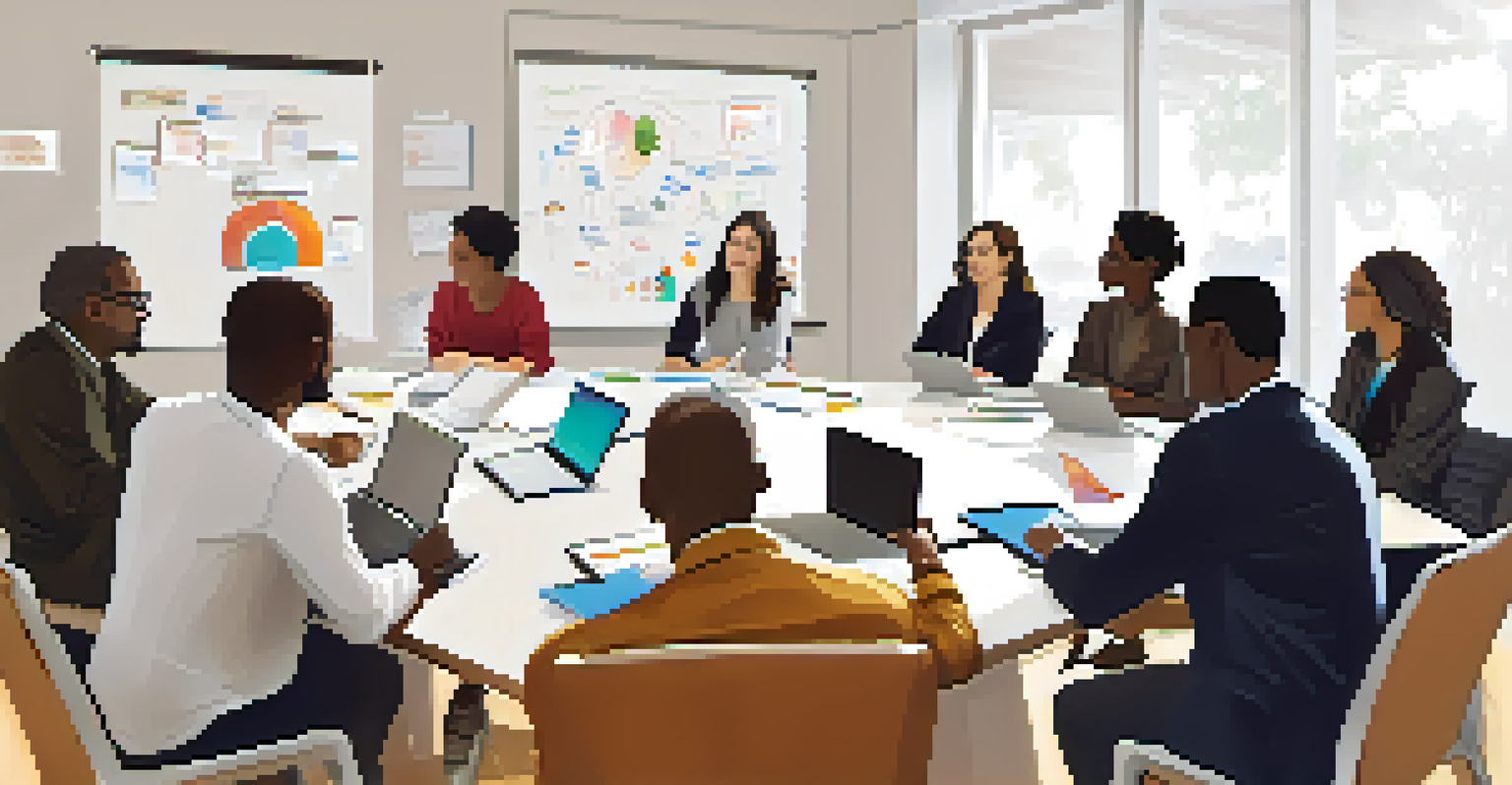 A group of diverse professionals discussing ideas during a workshop, surrounded by laptops and a whiteboard.