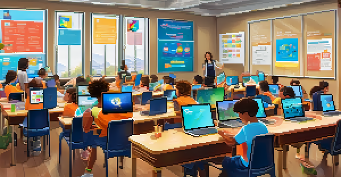 A lively classroom scene with students participating in a gamified learning activity, showing collaboration and engagement among diverse learners.