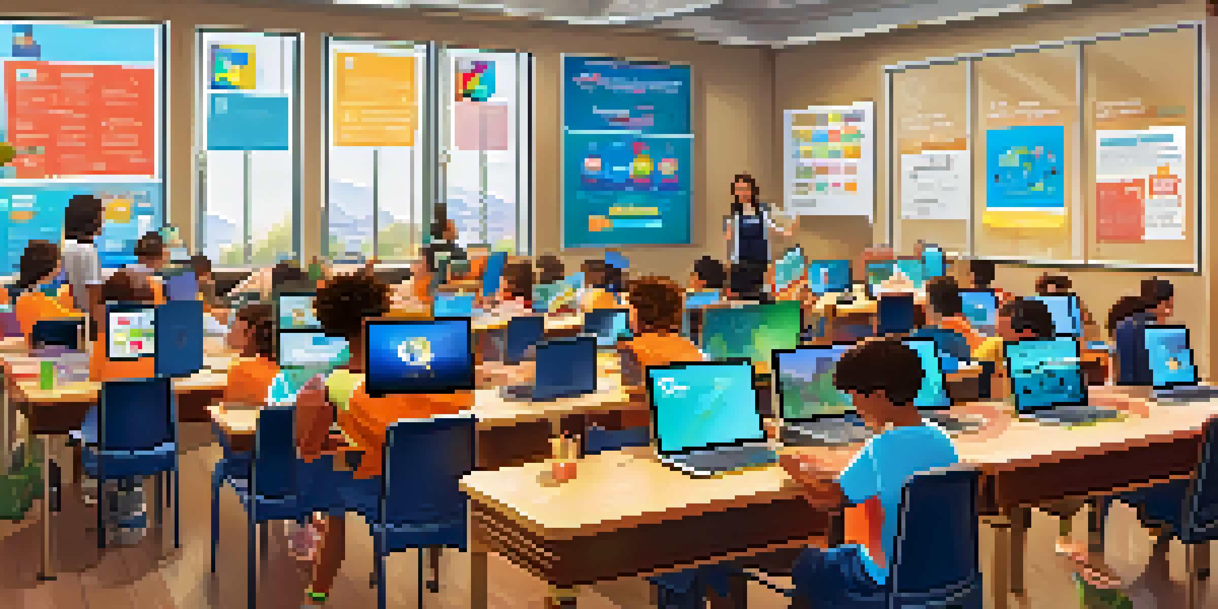 A lively classroom scene with students participating in a gamified learning activity, showing collaboration and engagement among diverse learners.