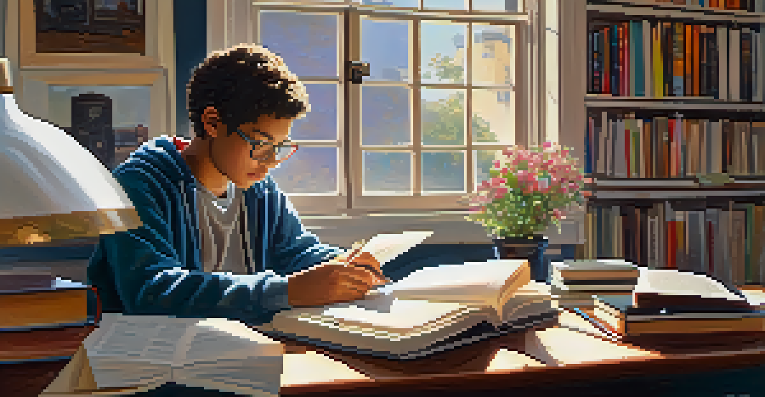 A student reflecting and writing in a journal at their desk, with books and a laptop nearby and sunlight streaming in.