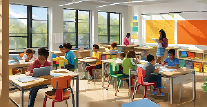 A vibrant classroom with students of different backgrounds working together on assessments, surrounded by educational materials and natural light.