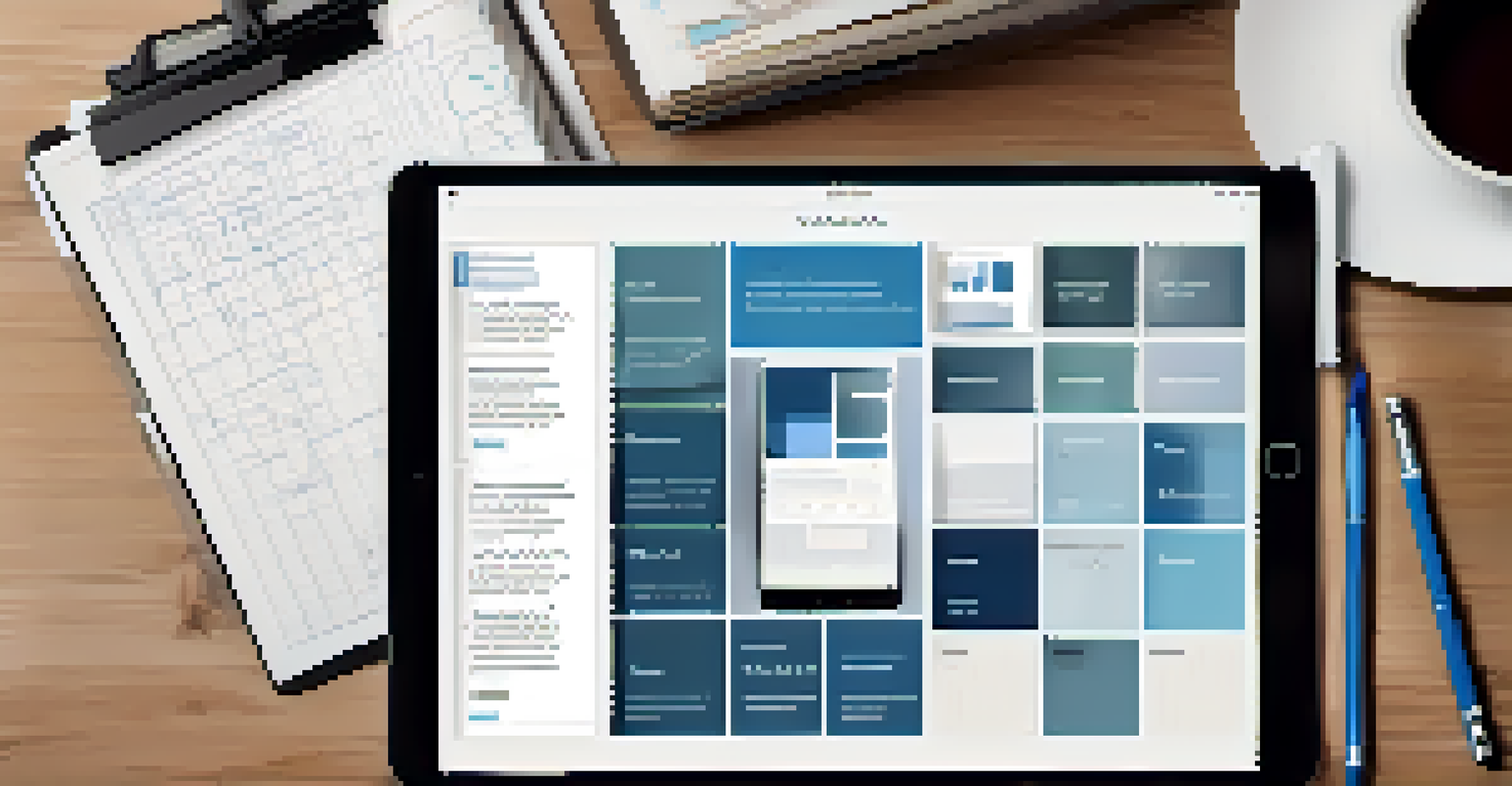 A tablet showcasing a well-organized digital portfolio layout with sections for personal information and work samples, placed on a wooden table.