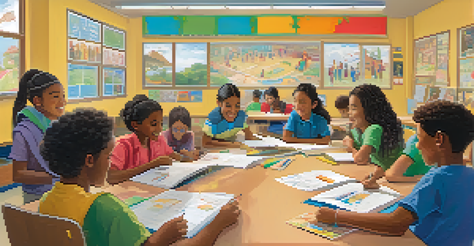 A diverse group of students working together in a bright classroom, surrounded by cultural artifacts and educational posters.
