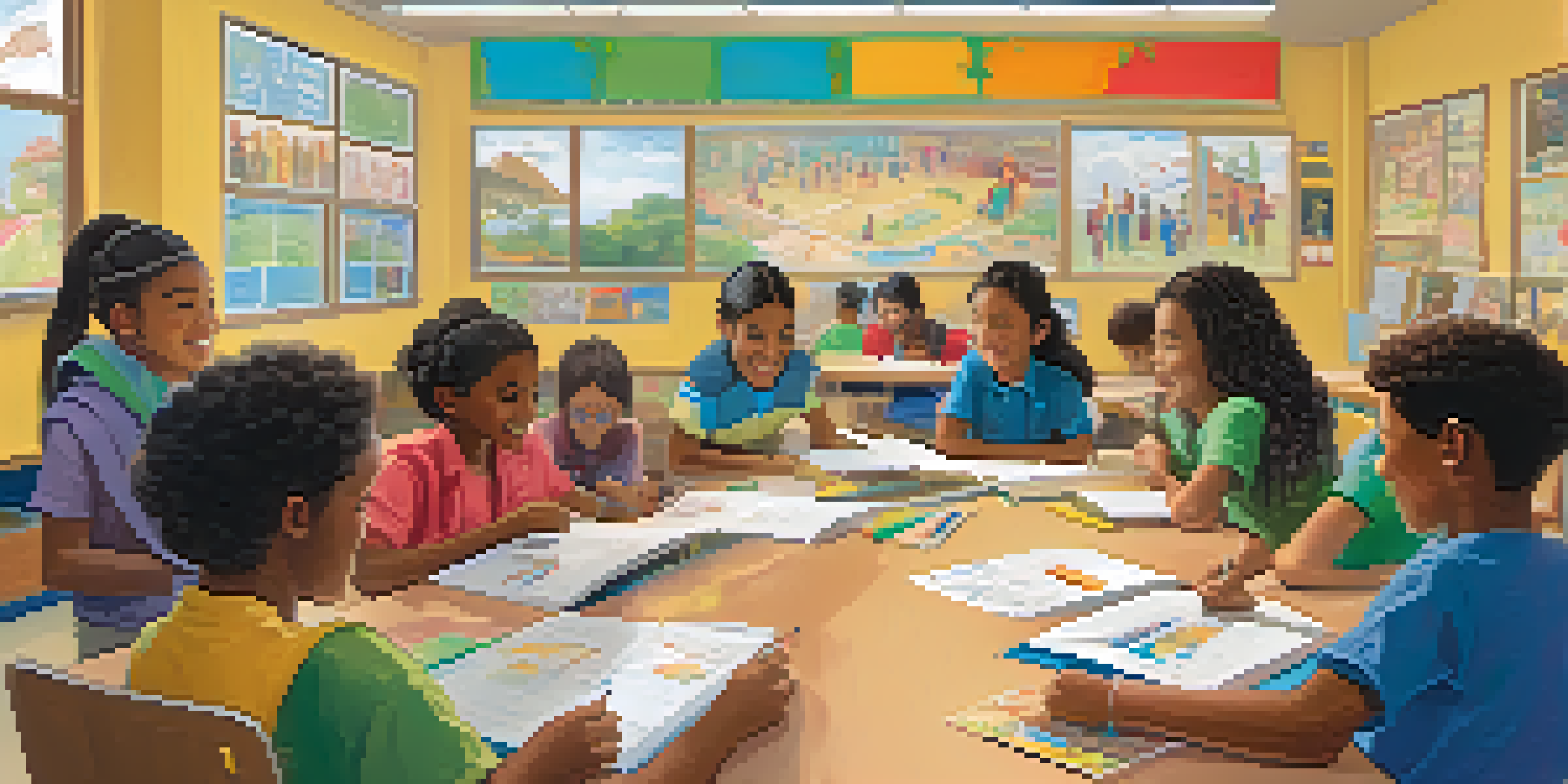 A diverse group of students working together in a bright classroom, surrounded by cultural artifacts and educational posters.