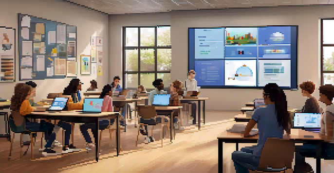 A modern virtual classroom with diverse students interacting with digital devices and a large screen displaying a video conference.