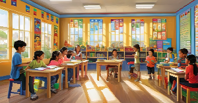 A vibrant classroom with children learning in two languages, featuring a teacher reading to them and colorful educational posters on the walls.