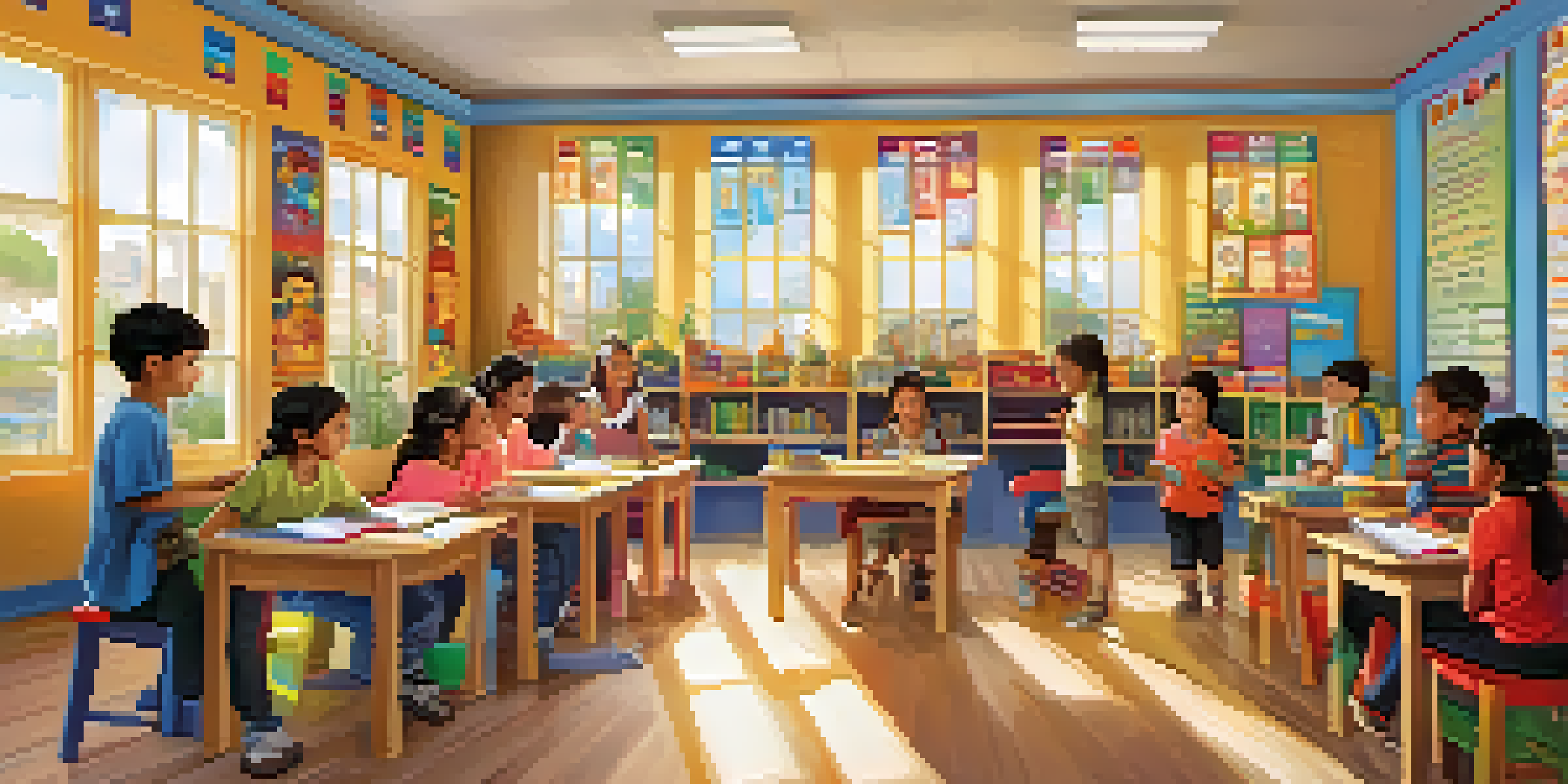 A vibrant classroom with children learning in two languages, featuring a teacher reading to them and colorful educational posters on the walls.