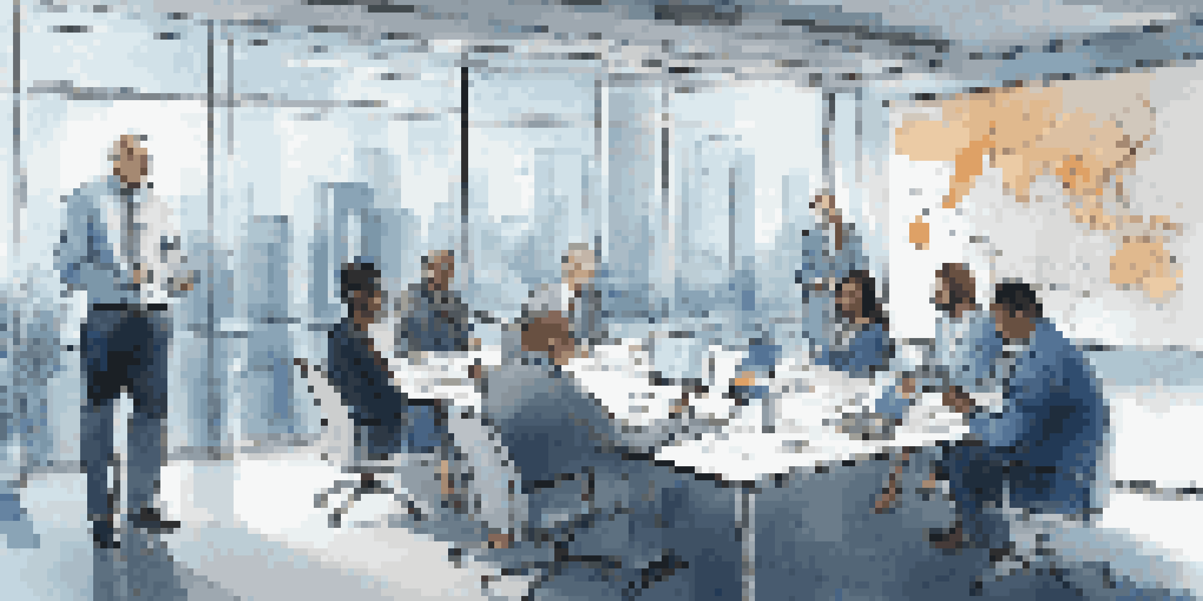 A diverse group of professionals engaged in a crisis management meeting in a modern office, with laptops and charts visible.