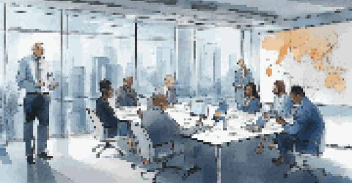 A diverse group of professionals engaged in a crisis management meeting in a modern office, with laptops and charts visible.