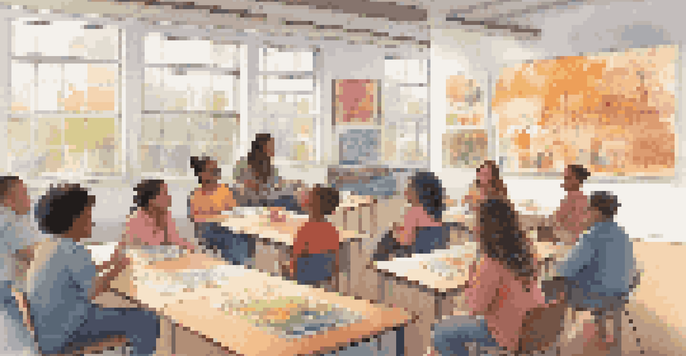 A diverse group of students in a classroom discussing media literacy with educational posters and a whiteboard.
