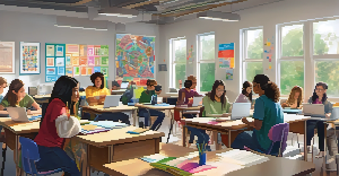 A diverse group of students collaborating in a bright online classroom filled with educational posters and digital tools.